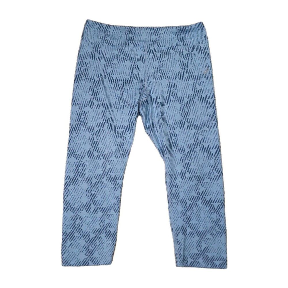 Sz L ASICS CAPRI PANTS BLUE GEOMETRIC PRINT ATHLETIC PANTS RUNNING TIGHTS Women